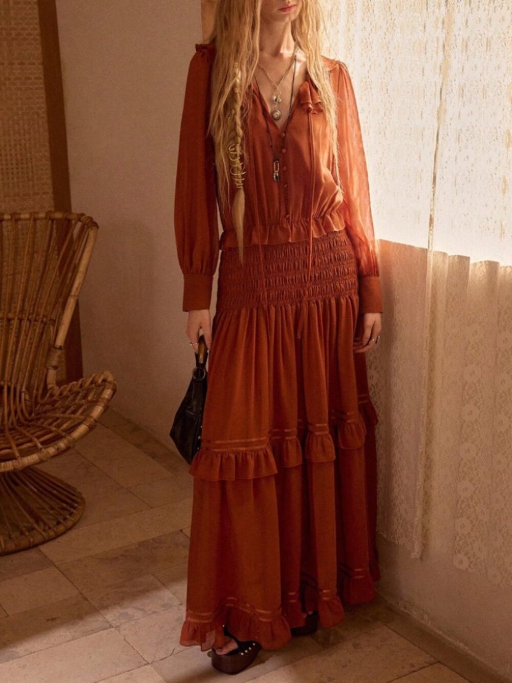 Rust Brown Ruffle Collar Smocked Maxi Dress - Picture 5 of 7